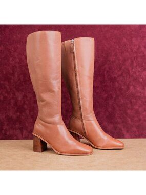 Splendid Women Brown Leather Cottage Boho Square Toe Wide Calf Knee Boots sz 8